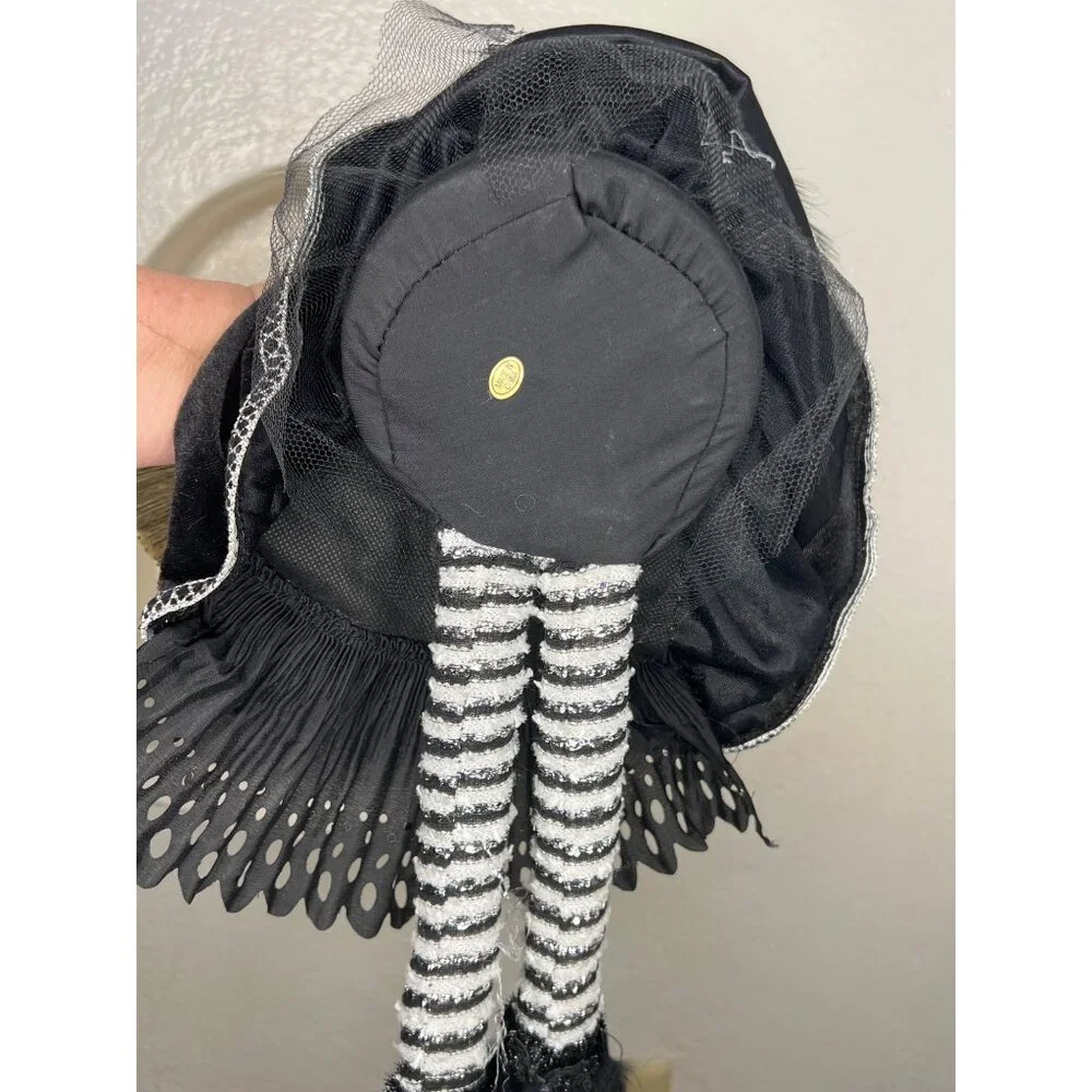 Porcelain Witch Doll Black Silver Velvet Dress Broomstick Halloween Collectible